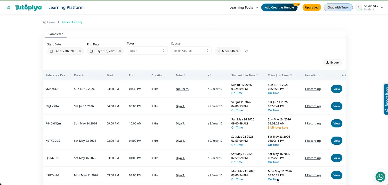 Lesson history showing attendance, join times and recordings