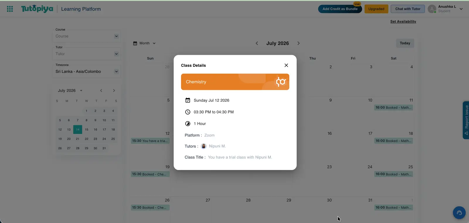 Scheduling calendar with class details