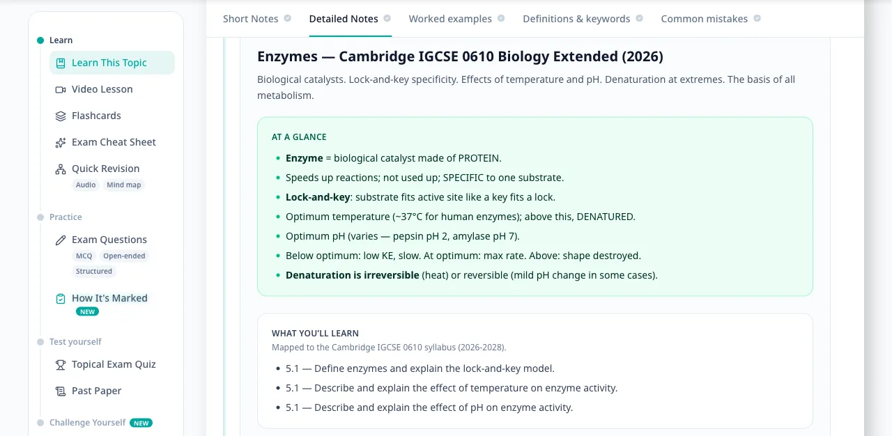 A Tutopiya Learning Portal study note: Enzymes for Cambridge IGCSE Biology 0610, showing the At a Glance summary, syllabus learning outcomes and the topic menu with flashcards, exam cheat sheet and exam questions