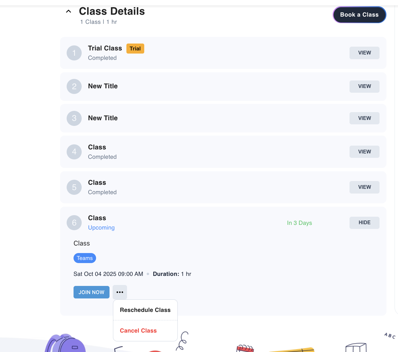 Class Section with Cancel Options