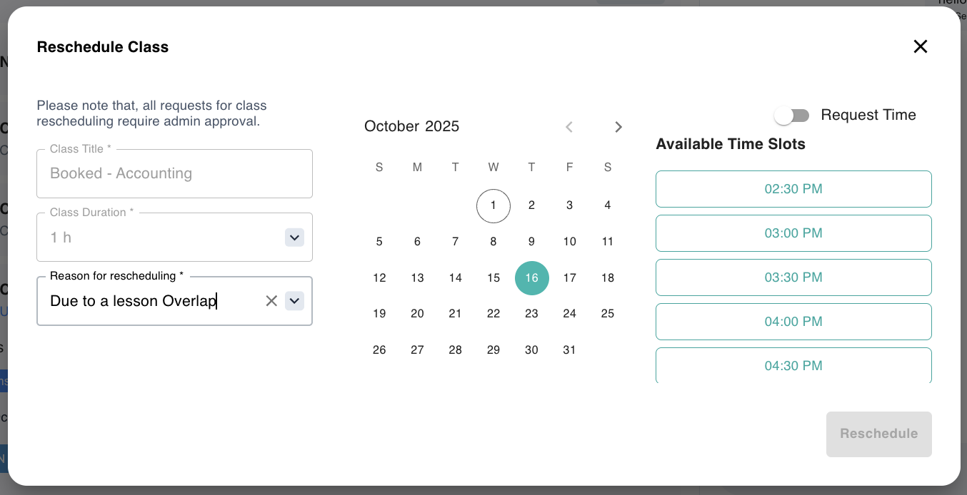Reschedule Modal with Calendar and Reason Selection