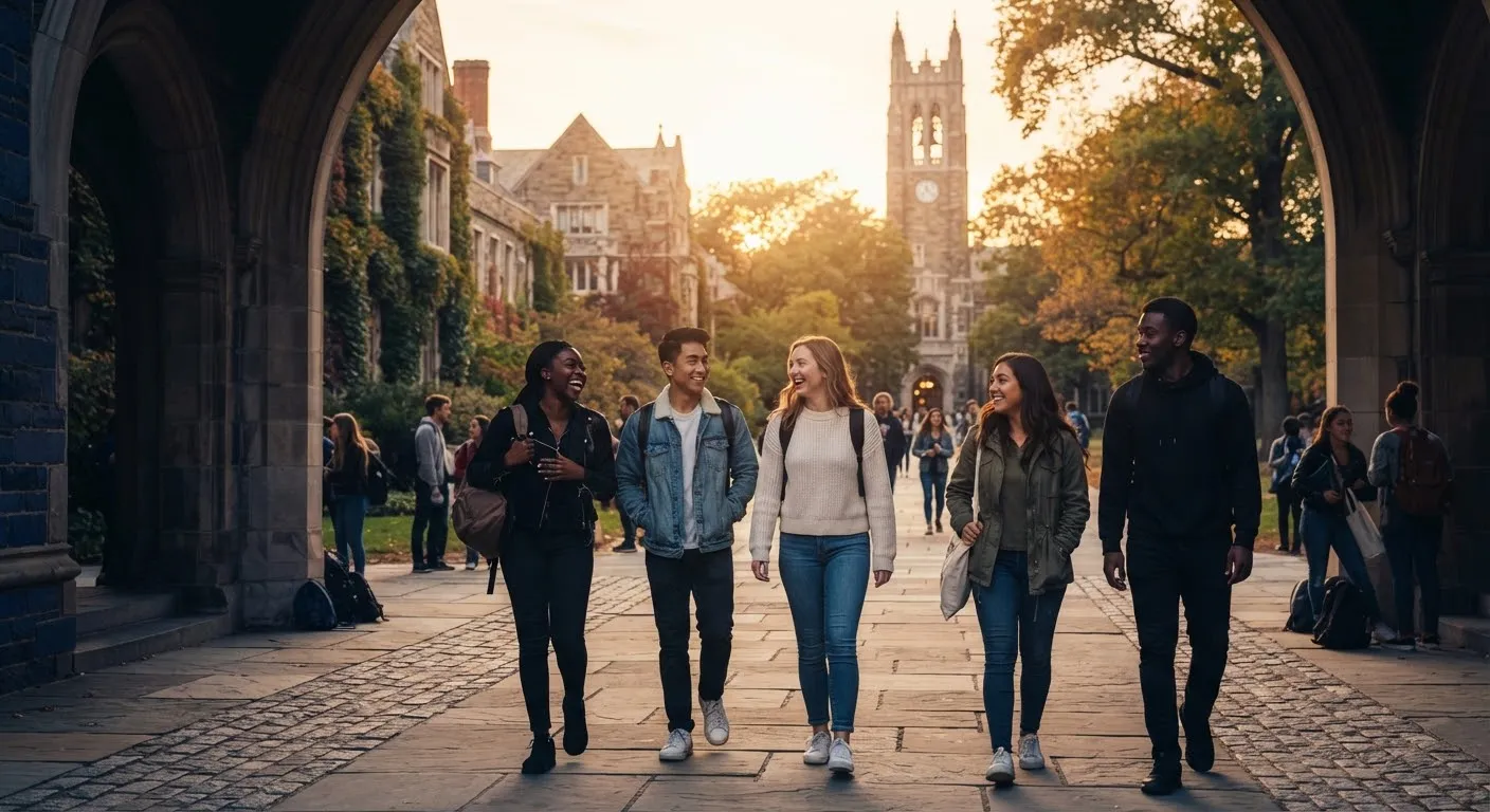 International students walking across a university campus at golden hour