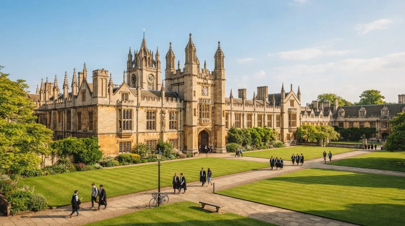 A historic university building surrounded by lawns