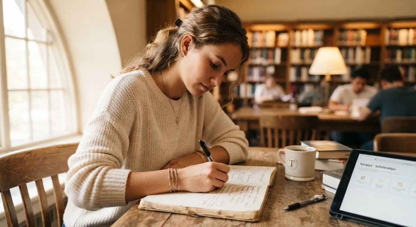 A student writing in a notebook in a sunlit library